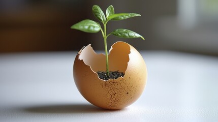 A new beginning is symbolized by a plant growing inside an eggshell.