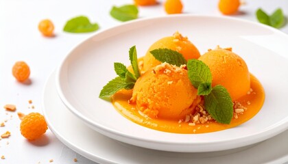 Cloudberry Sorbet with Mint and Almond Crumble. Fine Dining Scandinavian Nordic Cuisine