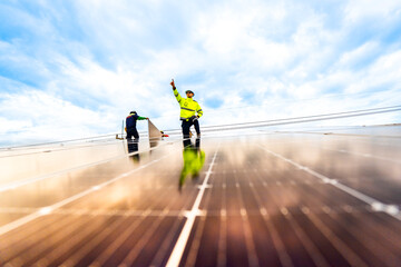 A solar energy engineer coordinates a project on the phone while on a rooftop solar installation. A...