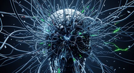 Futuristic digital neural network with interconnected neon-blue and green electrical pathways creating a complex brain-like structure in a high-tech