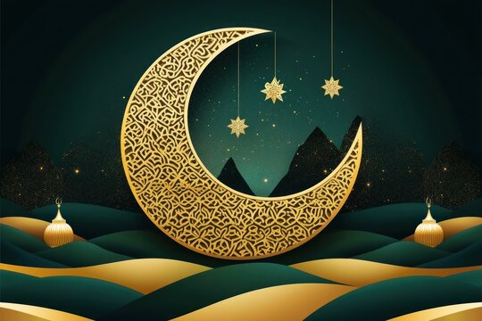 Golden Crescent Moon, Islamic Design, Night Sky, Decorative Elements, Festive Background - Powered by Adobe