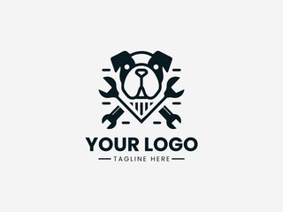 Tough bulldog mascot with automotive tools in reliable repair shop vector logo