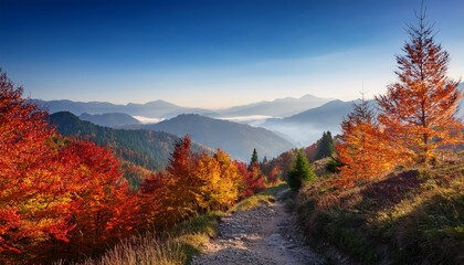 Obraz premium autumn mountain path winding through vibrant red and orange trees with misty blue mountain layers in background creating peaceful and serene atmosphere