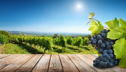 vineyard landscape with ripe grapes and a wooden table in the foreground under a clear blue sky