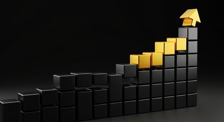 Futuristic black and gold ascending bar chart with arrow emphasizing growth and progress in a sleek modern design background with a dark aesthetic