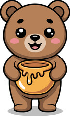 Cartoon brown bear holding a pot of honey with dripping honey on a white isolated background image
