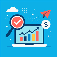 Business Growth Chart on Laptop with Currency Icons and Red Arrow – Vector Illustration