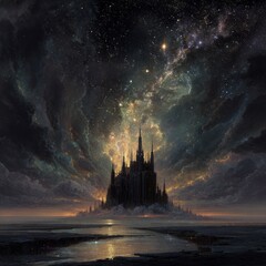 Fototapeta premium A castle is in the middle of a dark sky with a large body of water
