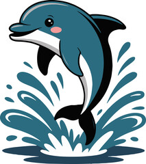 A cartoon dolphin jumping out of the water with splash effects on a white isolated background illustration