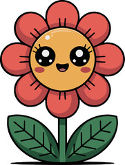 A cute cartoon flower with red petals yellow center and green leaves on a white background illustration