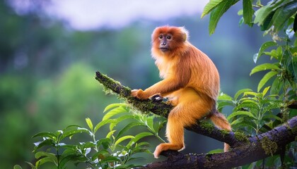 Fototapeta premium golden monkey sitting on tree in lush green forest environment