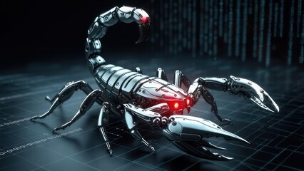Metallic scorpion robot on a dark digital background