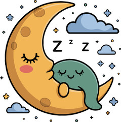 A cartoon crescent moon character hugging a sleeping green pillow with clouds and stars around it