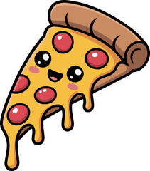 A cartoon pizza slice with a happy face and pepperoni on a white background in a vector style