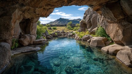 Picturesque Icelandic river viewed through a natural cave opening landscape