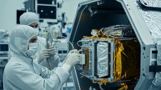 Satellite payload encapsulation process underway with engineers handling delicate wiring harnesses in a contaminantfree area.
