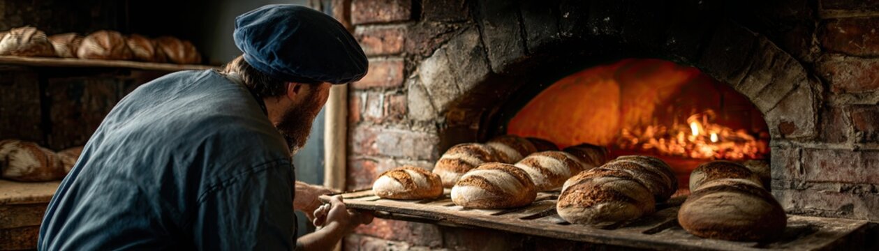 A baker inspects freshly baked loaves of bread in a rustic oven, showcasing traditional baking craftsmanship and the warmth of a brick hearth.