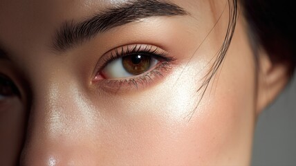自然な艶感を帯びた女性の目元。凛とした美しさを強調する美容クローズアップ。