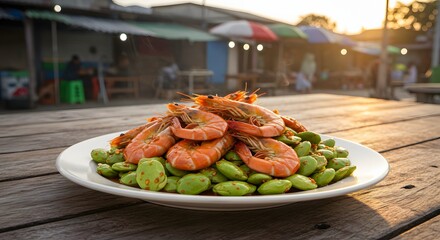 "Potrawa Udang Sambal pikantne krewetki gotowane w sosie sambal na białym talerzu" © Welaine