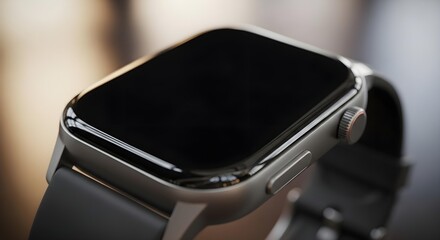 Close-up of a modern silver smartwatch with a black screen and a dark gray strap.