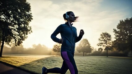 Woman enjoying a morning run in the park with headphones on fitness routine