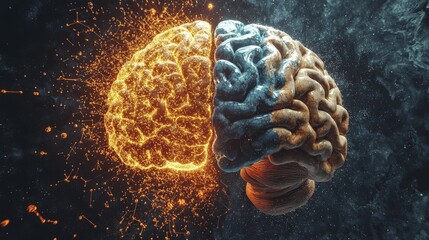 Conceptual image of a brain split with glowing and contrasting halves.