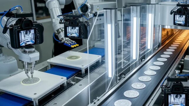 Multicamera setup documenting every stage of underwater acoustic modem transducer lamination on a fully automated production line.