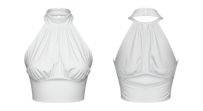 Elegant white halter neck crop top with detachable collar showcased in a minimalistic studio setting for versatile fashion styling and design options