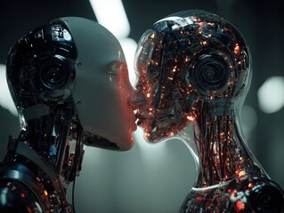 Two androids share a tender kiss, futuristic romance.