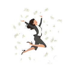 Flat vector businesswoman celebrating with flying banknotes, isolated on white.
