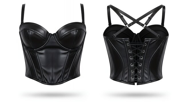 Elegant black leather bustier top with adjustable straps and intricate front lacing design for bold fashion statement and modern evening wear style