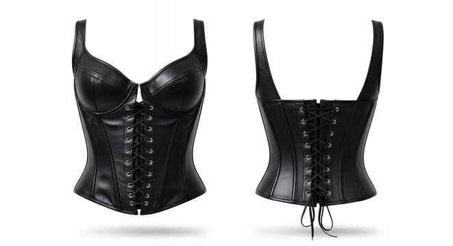Elegant black leather underbust corset with lace-up front design and structured bust form for fashion and costume wear