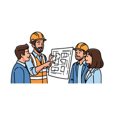 Architect presenting blueprint to colleagues wearing hard hats and safety vest in a meeting setting