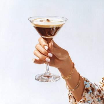 A woman is holding a martini glass with a drink in it