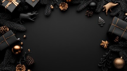 Naklejka premium Elegant Black and Gold Christmas Arrangement with Gifts and Ornaments on Dark Background