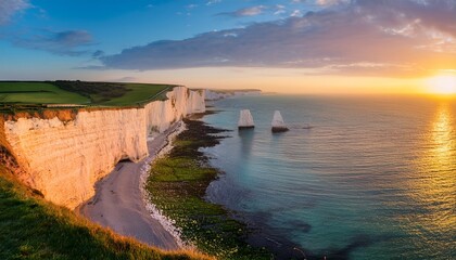 dramatic chalk cliffs at sunset coastal landscape white cliffs sea stack erosion
