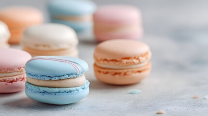 Obraz premium Vibrant pastel-colored macarons in a soft focus, showcasing delicate details and a delightful array of sweet treats.