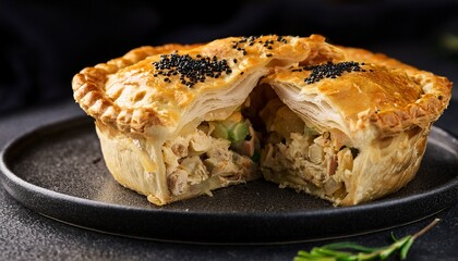 close up of a sliced chicken pot pie with a flaky crust and black sesame seeds on a dark plate