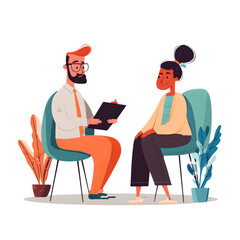 Flat vector UX researcher interviewing a user, isolated on white.