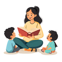 Flat vector woman reading a book aloud to children, isolated on white. --v 6.1