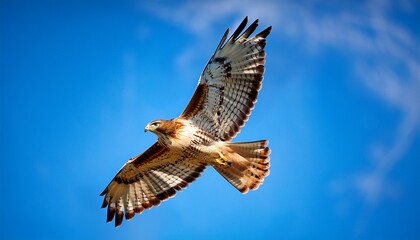 majestic red tailed hawk soars effortlessly through a cloudless sky displaying its impressive wingspan