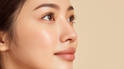 Fototapeta premium やわらかな笑みを浮かべ上を見上げるアジアン女性のクローズアップ。美容やライフスタイル関連のビジュアルに最適な素材。