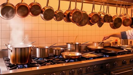 Modern kitchen scene with stainless steel pots on a cooktop, hanging copper and silver utensils against a turquoise backsplash