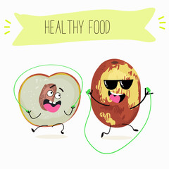 Jujube - exotic tropical fruit, Ziziphus jujuba, funny characters, hand drawn vector art.