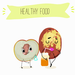 Jujube - exotic tropical fruit, Ziziphus jujuba, funny characters, hand drawn vector art.