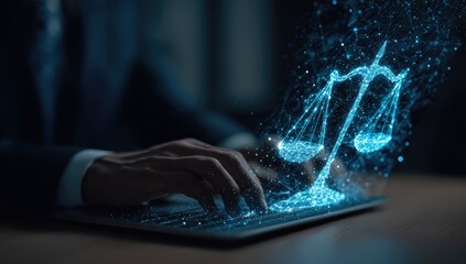 Digital scales of justice on a tablet