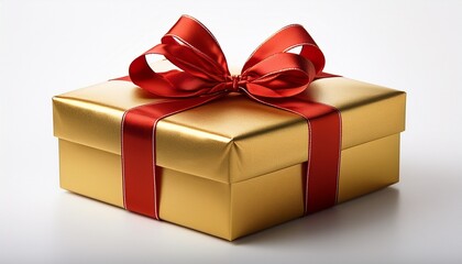 Obraz premium a beautifully wrapped golden gift box with a shiny red ribbon and bow perfect for celebrations and special occasions isolated on a white background