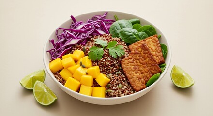A white bowl holds tempeh quinoa cabbage mango spinach cilantro and pumpkin seeds Lime wedges are on the sides