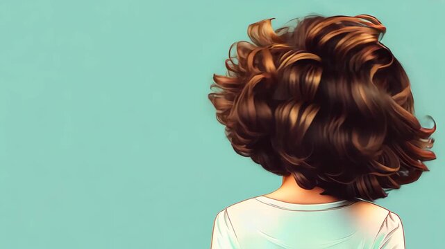 Embracing Freedom: A woman with a beautiful big curly hairstyle, showcasing a carefree spirit and the essence of confidence, against a vibrant teal background.