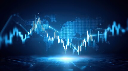 Naklejka premium Ransomware Attack Concept and Cyber ​​Threats. A digital graphic featuring a blue financial chart overlaying a world map, symbolizing global market trends and data analysis.